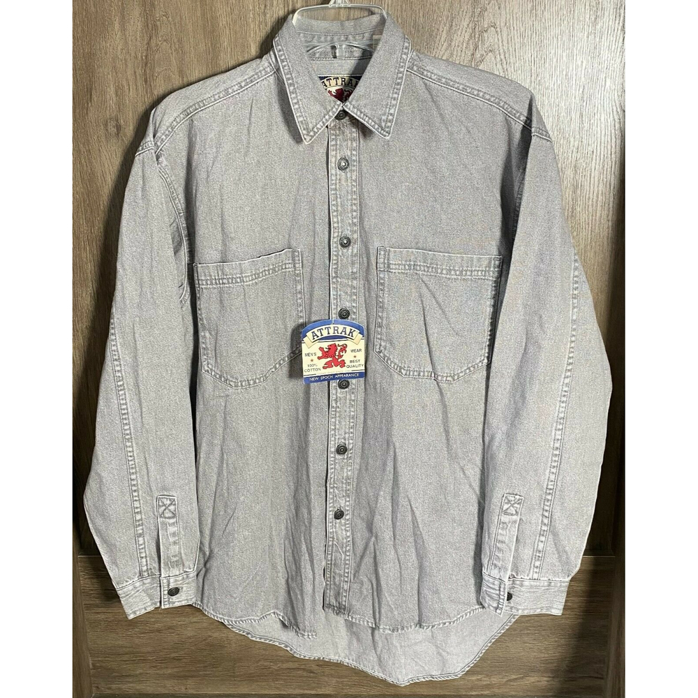 Vintage Attrak Black Gray Denim Cotton Snap Casual Shirt Small NWT Hong Kong